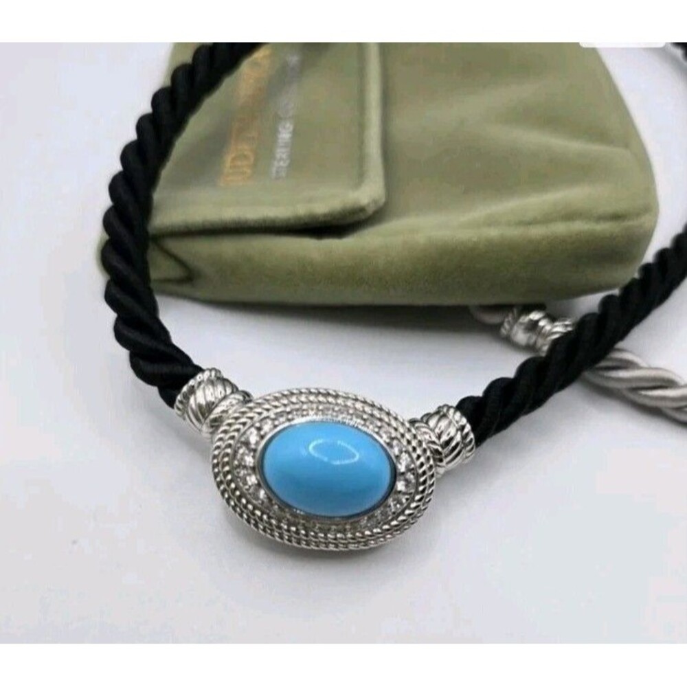 Judith Ripka Turquoise CZ 925 Sterling Silver Pendant Enhancer + 2 Cord Necklace